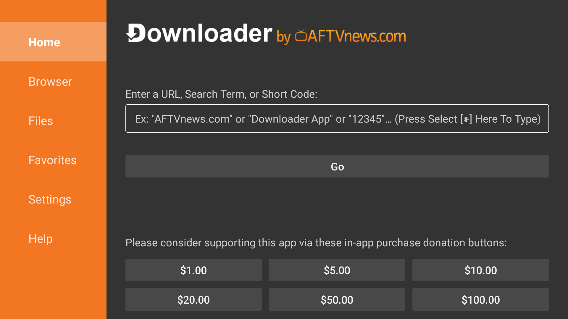 Downloader Home screen. Enter your supplied APK link in the URL field above Go. The example image intentionally has an empty field. Source: AFTVnews.