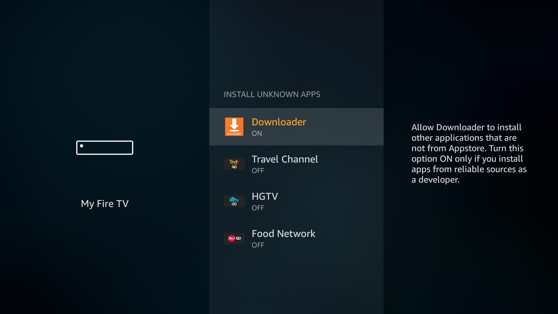 Install Unknown Apps example showing Downloader ON. Source: AFTVnews.