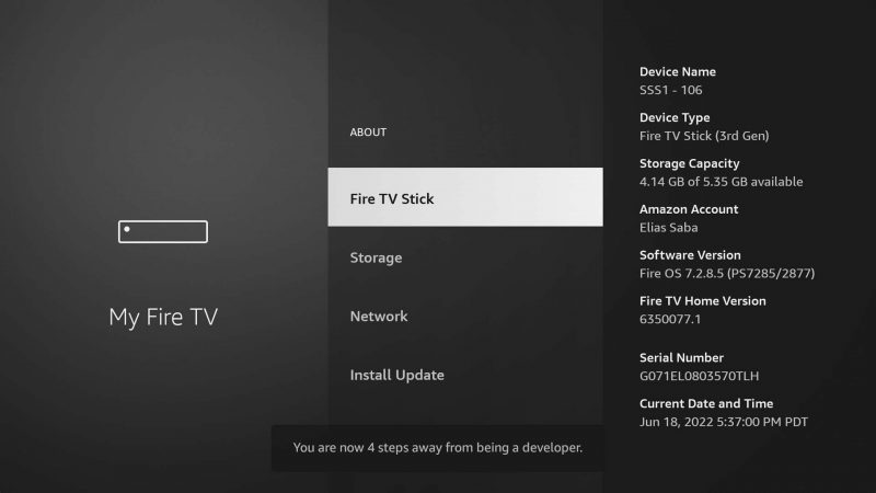 About screen example. Select the highlighted device name repeatedly. Source: AFTVnews.